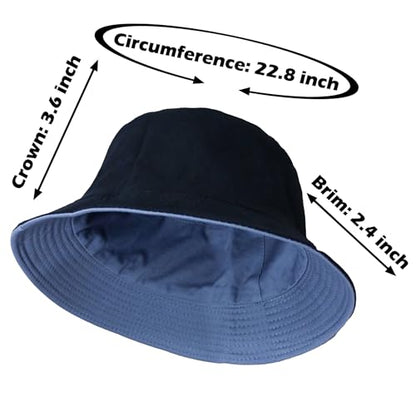 Bucket Hat for Men and Women 2-in-1 Reversible Sun Protection Fashion Flat Top Cap for Fishing Travel Beach Sports - color: Blue-black