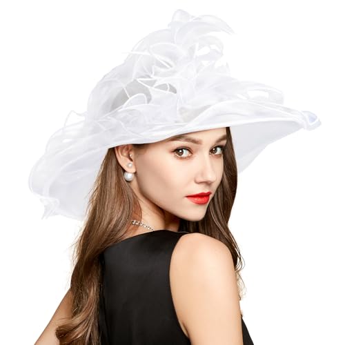 2026 Derby Hat, Classy Sun Hats for Women Ladies, Organza Feather Kentucky Fascinator for Tea Party Church UV Protection - color: S10-3700-white