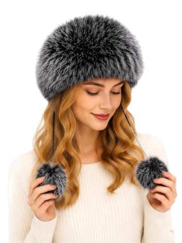 DLNYC Women’s Faux Leather Winter Hat with Faux Fur Trim, Soft Lined Cap with Hanging Cords & Pom-Poms, Warm Stylish Hat - color: Black & Silver