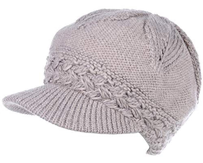 BYOS Womens Winter Chic Cable Warm Fleece Lined Crochet Knit Hat W/Visor Newsboy Cabbie Cap - color: Braided Front Beige
