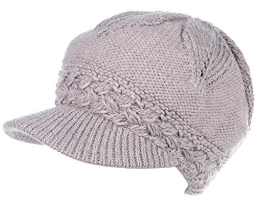BYOS Womens Winter Chic Cable Warm Fleece Lined Crochet Knit Hat W/Visor Newsboy Cabbie Cap - color: Braided Front Beige