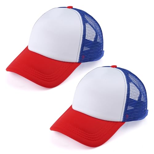 2 Pack Trucker Hat Bulk Mesh Cap for Women Men Adjustable Blank Hats for DIY Sports Outdoor - color: Red Blue White