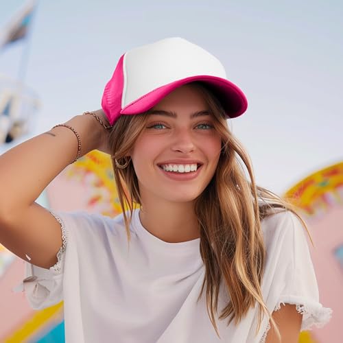 DALIX Two Tone Trucker Hat Summer Mesh Cap with Adjustable Snapback Strap - color: Hot Pink, size: One Size