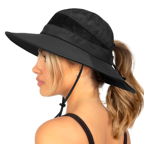 Bucket Sun Hat for Women Wide Brim Breathable Mesh UPF50+ Safari Hat Criss Cross Ponytail Hole Outdoor Rain Hat - color: Black