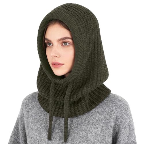Connectyle Knit Hooded Scarf Hat Pullover Balaclava Beanie Skull Cap with Drawstring Neck Gaiter Hood Winter Hats for Women - color: Army Green