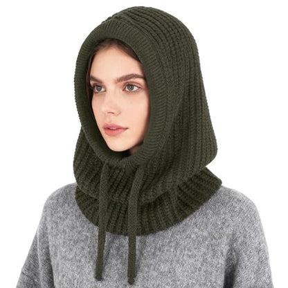 Connectyle Knit Hooded Scarf Hat Pullover Balaclava Beanie Skull Cap with Drawstring Neck Gaiter Hood Winter Hats for Women - color: Army Green