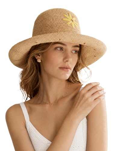 Natural Raffia Straw Bucket Hat for Women Sun Beach Handmade Raffia Woven Bucket Hat Foldable Summer Cap - color: Natural （sunflower）