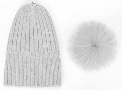 Women Real Fur Pom Pom Winter Ribbed Cuffed Knit Beanie Hat - color: Rc Grey