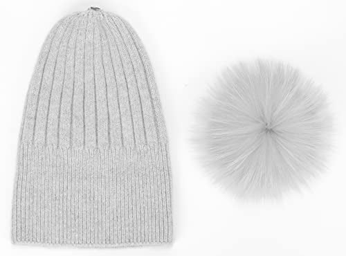 Women's Winter Ribbed Cuffed Beanie Skull Cap with Genuine Raccoon Fur Pom - color: Rc Grey