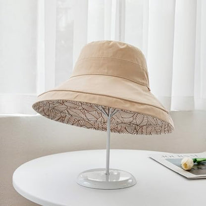 HUAMULAN Wide Brim Women Summer Sun Floppy Hat Reversible Beach Bucket Hat - color: Beige