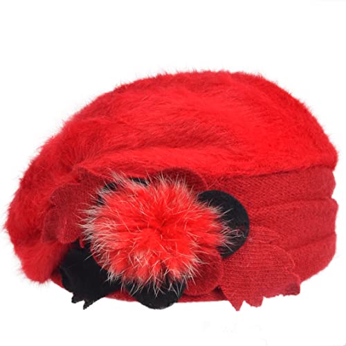 VECRY Women's 100% Wool Bucket Hat Felt Cloche Beret Dress Winter Beanie Hats - color: Angola Red
