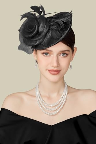 BABEYOND Fascinators Hats for Women Tea Party Mesh Flower Pillbox Derby Hat - color: Black