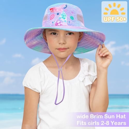 ICOSY Sun Hat for Kids Girls, UPF 50+ Wide Brim Beach Hat for Toddler - color: Purple Mermaid