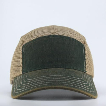 Washed Cotton Twill Five Panel Adjustable Camper Caps - color: Dirty Wash Dark Green/Khaki Mesh