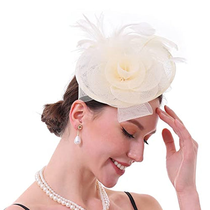 Fascinator Hat with Feather and Mesh – Floral Headpiece for Tea Party, Wedding, Cocktail Event - color: Beige