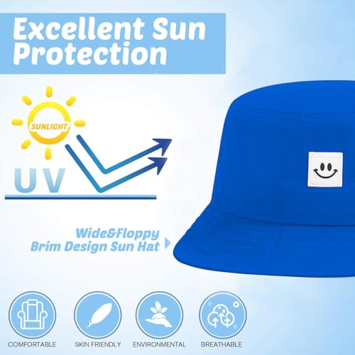 Kids Sun Hat Smile Face Bucket Hat for Girls Boys Summer Sun Protection Cotton Unisex Beach Cap - color: Sky Blue