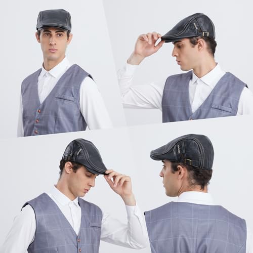Mens Ivy Cap PU Leather Newsboy Hat Adjustable Beret Caps Classic Golf Flat Cap Gatsby Driving Fishing Hat - color: Brown 7