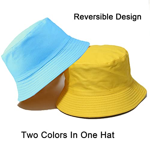 PFFY Reversible Bucket Hat for Women Men Cotton Sun Beach Fishing Cap - color: Sky/Yellow (Reversible)