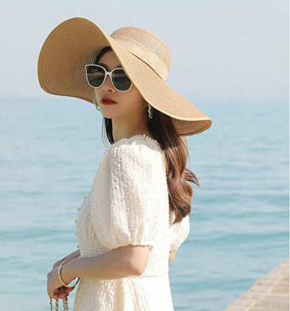 ericotry 1PC Women Foldable Floppy Beach Cap Wide Brim Sun Protection Straw Hat Big Bowknot Summer Sun Hat UPF 50+ (Khaki)