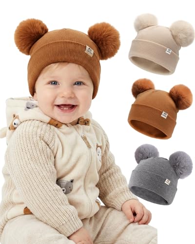 FURTALK Baby Beanie Infant Newborn Toddler Winter Hat Double Pom Pom Warm Knit Cap for Girls Boys - color: Dark Grey+khaki+caramel, size: 0-6 Months