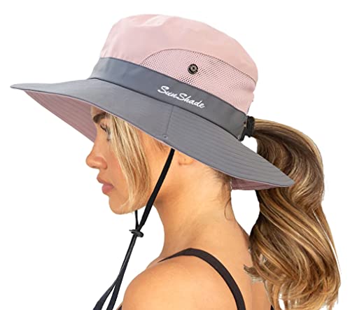 Womens Sun-Hat Outdoor Protection Foldable Beach-Bucket-Hat Ponytail-Hole - color: Pink