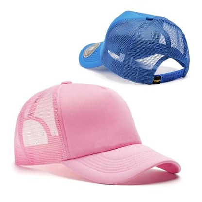 2-Pack Classic Foam Trucker Hat Summer Mesh Hat Lightweight Adjustable Back Buckle Strap - color: Pink/Blue