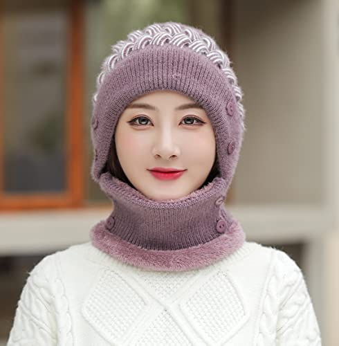 HUAMULAN Women Winter Knit Balaclava Fleece Lined Hooded Beanie Hats - color: Purple, size: One Size