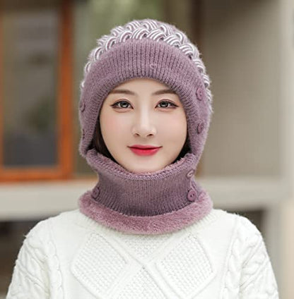 HUAMULAN Women Winter Knit Balaclava Fleece Lined Hooded Beanie Hats - color: Purple, size: One Size