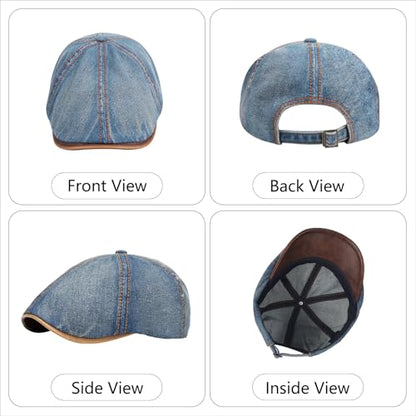 meioro Mens Denim Newsboy Hat 6 Panel Cotton Adjustable Flat Cap - color: Medium Blue