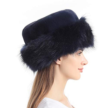 sy soul young Women's Leopard Faux Fur Hats Fluffy Bucket Hat Russian Style - color: Navy