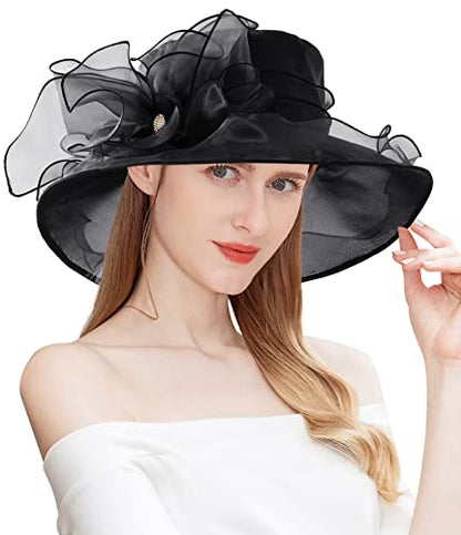 Women Derby Fascinator Hat Organza Church Wedding Hats Wide Brim Cocktail Tea Party Hat - color: 14black