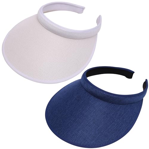 2 Pack Wide Brim Sun Visor Hats Women Men Large Clip-on Visors Hat UV Protection Outdoors Sports Golf Beach Cap - color: White-navy