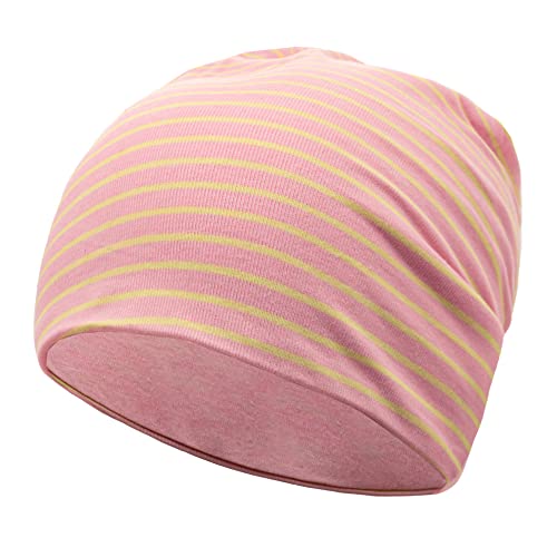 EMPIRELION 9" Women Lightweight Beanies Hats, Thin Sports Running Skull Cap Chemo Headwear Sleep Caps - color: Pink/Yellow Stripe