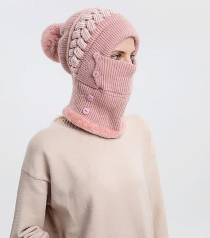 HUAMULAN Women Winter Knit Balaclava Fleece Lined Hooded Beanie Hats - color: Pink, size: One Size