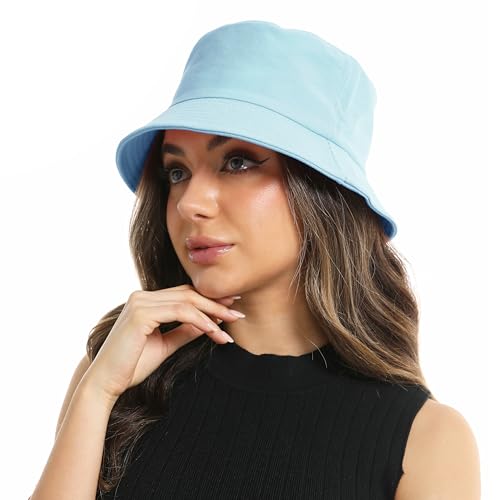 Wheebo Solid Color Bucket Hat for Women Summer Beach Fishmen Hat for Lady Adult Unisex Cotton Cap…… - color: A-sc-skyblue