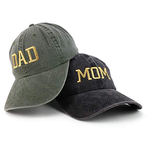 Trendy Apparel Shop Capital Gold Thread Mom and Dad Pigment Dyed 2 Pc Cap Set - color: Black Olive