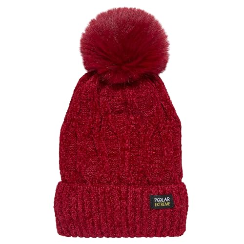 Polar Extreme Women's Knit Beanie and Skull Cap, Warm Winter Hat, One Size Fits Most - color: Red Pom