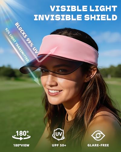 Transparent Sun Visor Hat for Women Men - UPF 50+ Clear Brim Adjustable Drawstring for Golf Tennis Pickleball - color: White + Pink