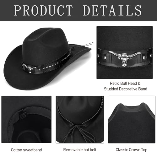 Felt Fedora Western Cowboy Hat for Women Men - color: Black-bull Rivet Band