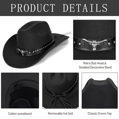 Felt Fedora Western Cowboy Hat for Women Men - color: Black-bull Rivet Band