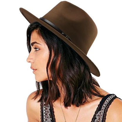 DRESHOW Women Classic Felt Fedora Wide Brim Floppy with Belt Buckle Panama Hat - color: 1 Pack: Felt Fedora Coffee