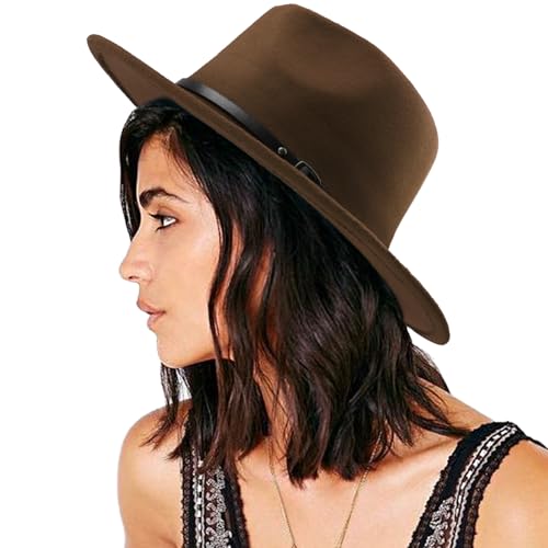 DRESHOW Women Classic Felt Fedora Wide Brim Floppy with Belt Buckle Panama Hat - color: 1 Pack: Felt Fedora Coffee