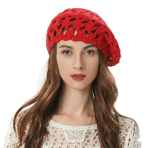 ZLYC Women Cotton Slouchy Crochet Beret Handmade Cutout Floral Beanie Hat - color: Red