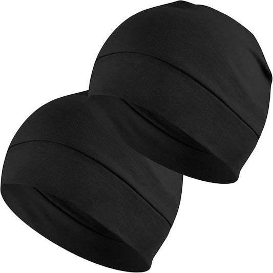 BISMAADH Cotton Skull Caps for Men and Women,2-Pack Lightweight Beanie Sleep Hats Breathable Helmet Liner Biking - color: Black & Black