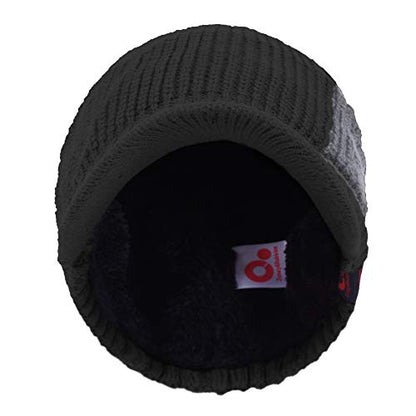 Women's Contrast Patch Visor Beanie Winter Knit Hat with Birim Fleece Lining Baseball Cap - color: Black
