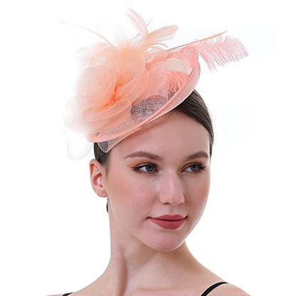 Fascinator Hat with Feather and Mesh – Floral Headpiece for Tea Party, Wedding, Cocktail Event - color: Champange