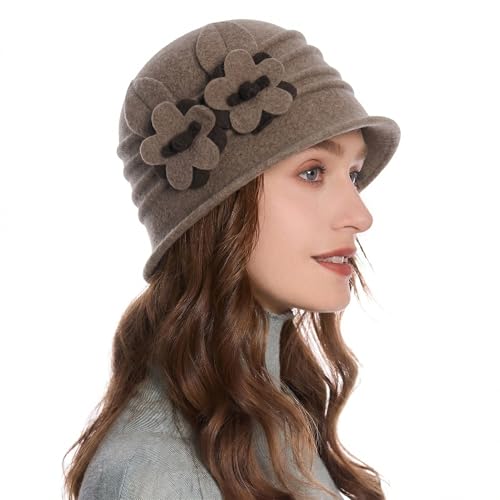 ZLYC Women Wool Cloche Bucket Hat 1920s Vintage Winter Hat with Flower - color: Daisy Coffee
