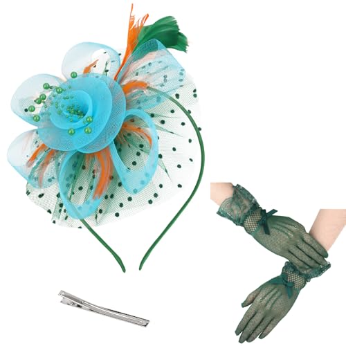 Womens Fascinators Hats and Gloves Set Short Lace Gloves Tea Party Flower Mesh Hair Clips - color: Green Lake