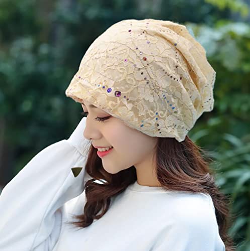 XYIYI Womens Chemo Headwear Hats Cotton Slouchy Beanie Cap Scarf - color: 2pcs Lace Black Beige-t