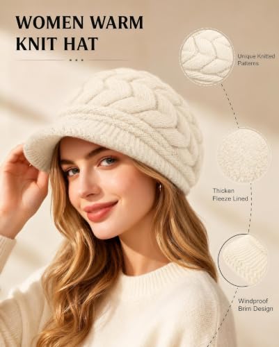 YSense 2 Pack Womens Winter Hats Warm Knit Beanie with Visor - color: Light Grey Beige